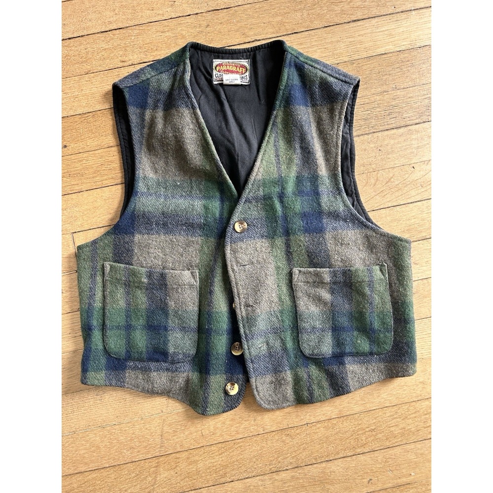 Vintage Paragraff Wool Blend Green Navy Blue Gray Plaid Vest Size Medium